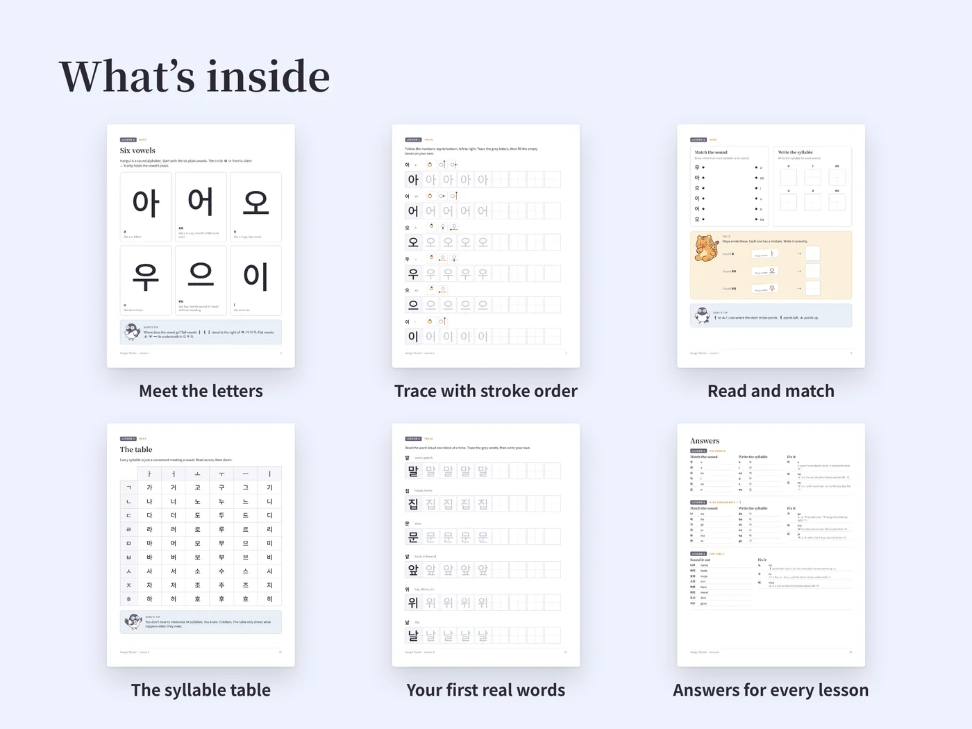 What’s inside: letters, tracing, reading, the syllable table, first words and answers