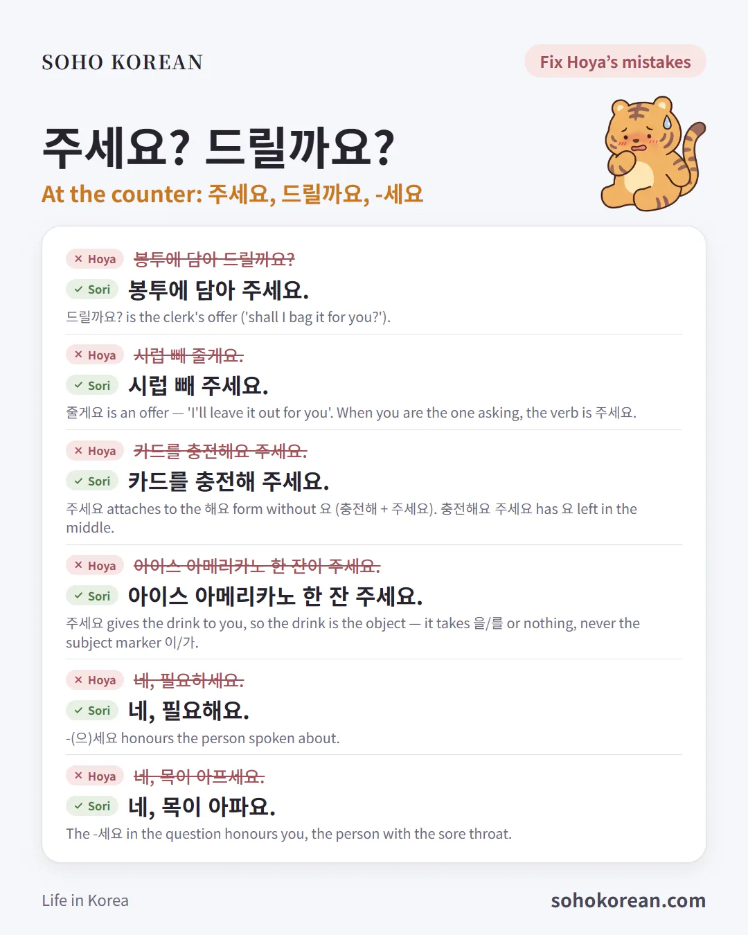 Phrase card “주세요? 드릴까요?”: 봉투에 담아 주세요. …