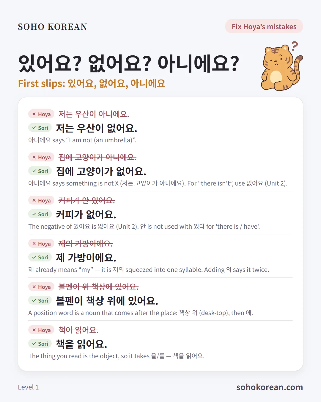 Phrase card “있어요? 없어요? 아니에요?”: 저는 우산이 없어요. …