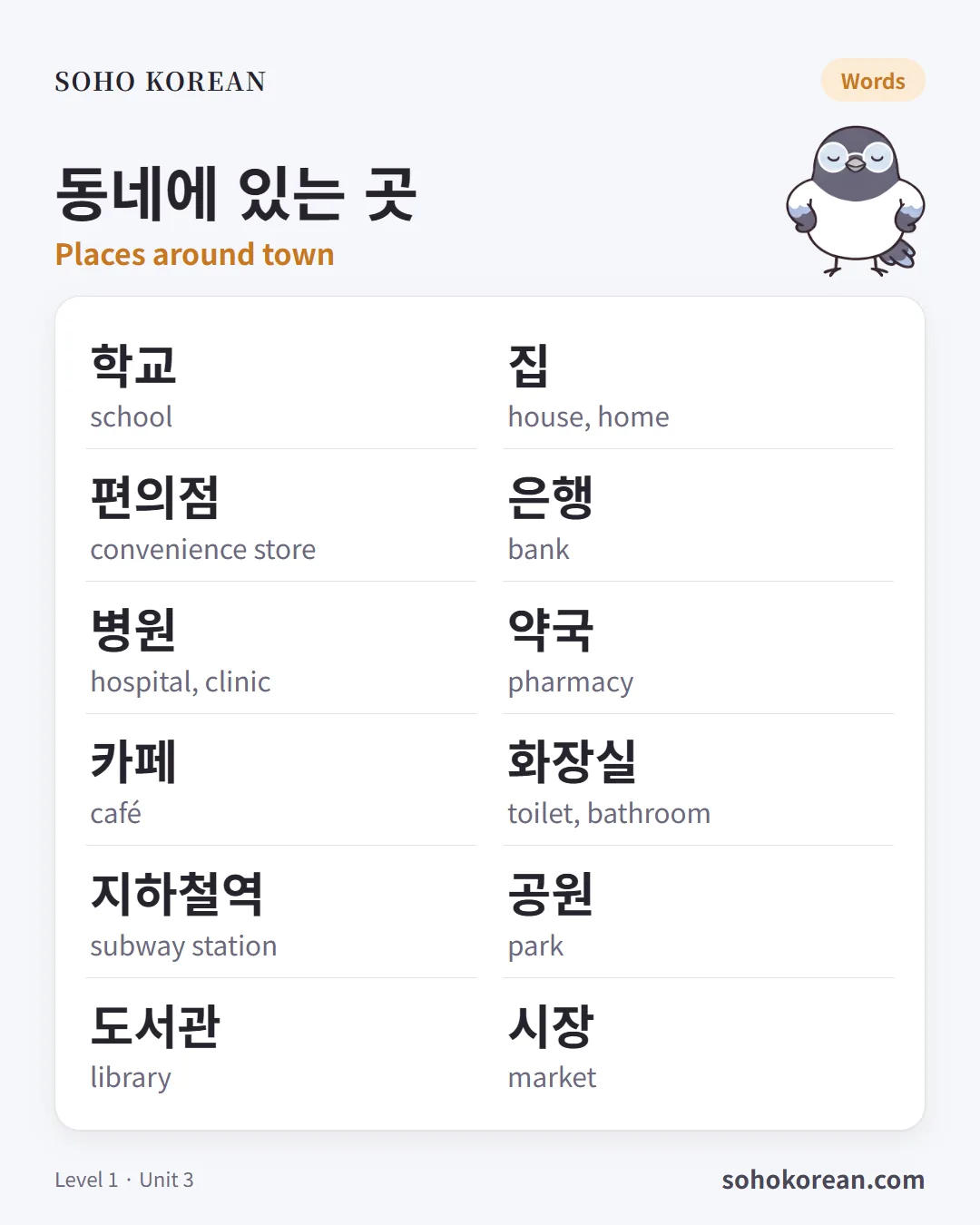 Phrase card “동네에 있는 곳”: 학교 …