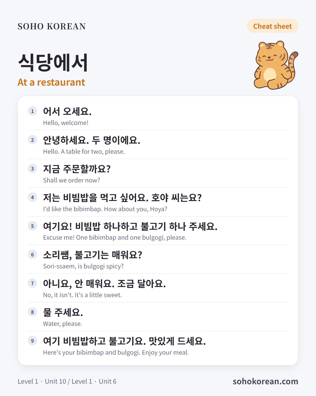 Phrase card “식당에서”: 어서 오세요. …