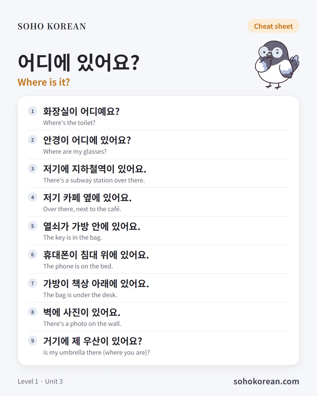 Phrase card “어디에 있어요?”: 화장실이 어디예요? …