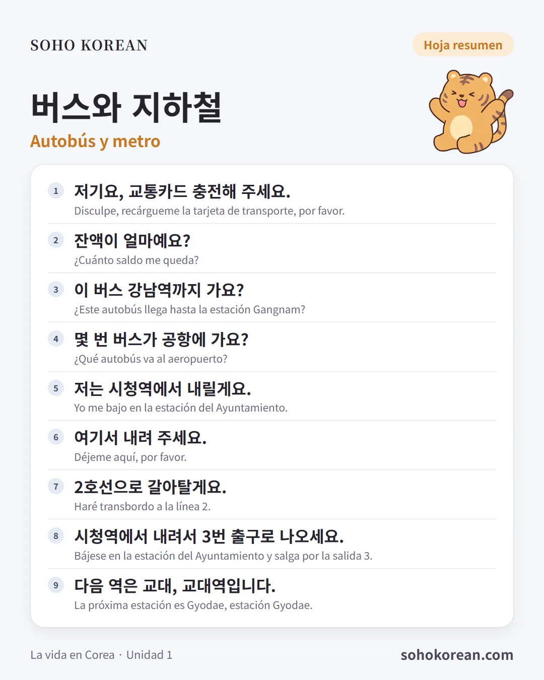 Tarjeta de frases «버스와 지하철»: 저기요, 교통카드 충전해 주세요. …