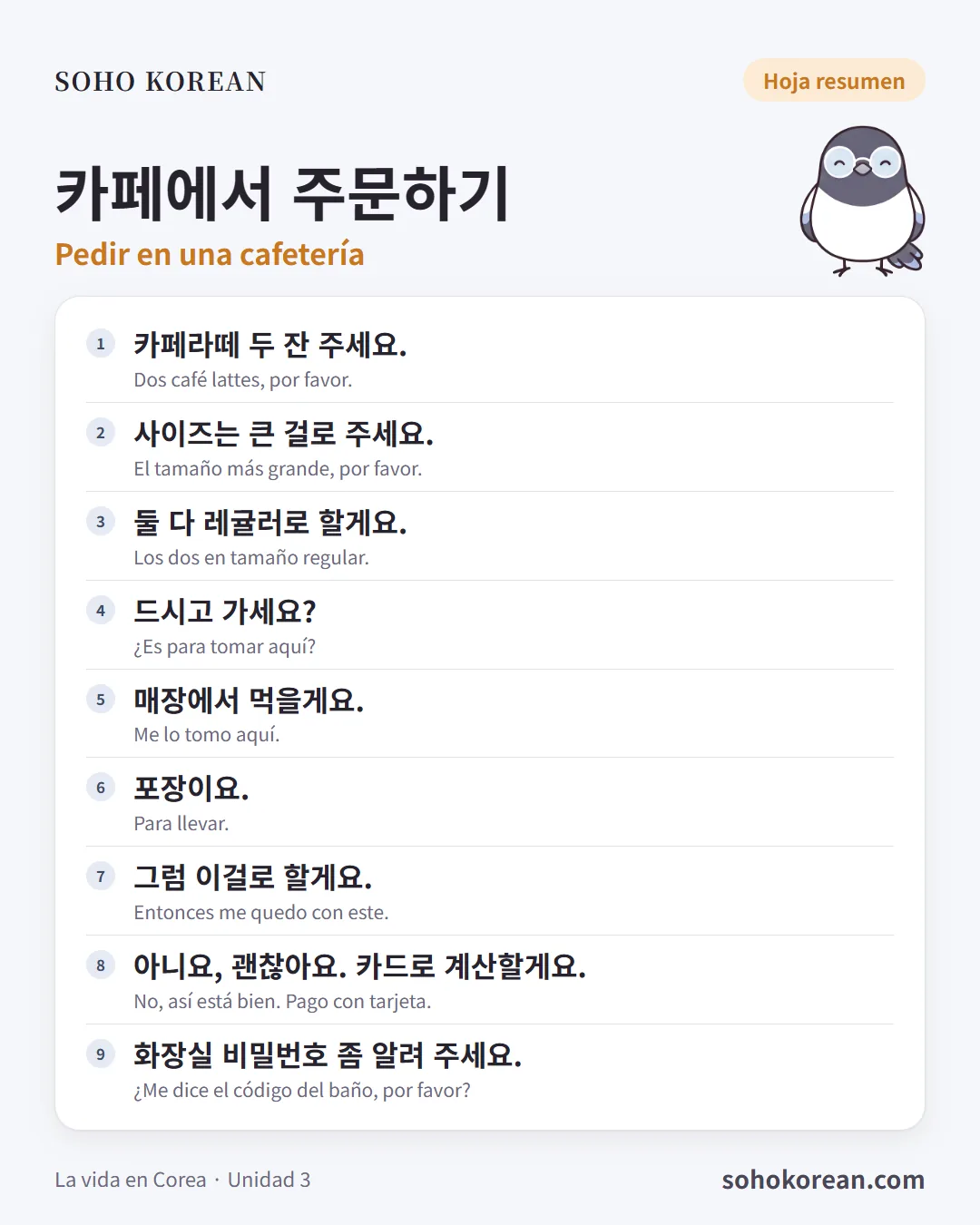 Tarjeta de frases «카페에서 주문하기»: 카페라떼 두 잔 주세요. …