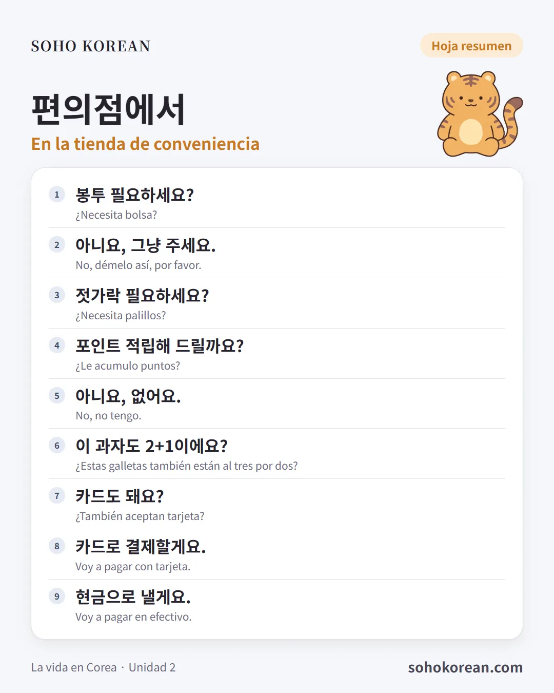 Tarjeta de frases «편의점에서»: 봉투 필요하세요? …