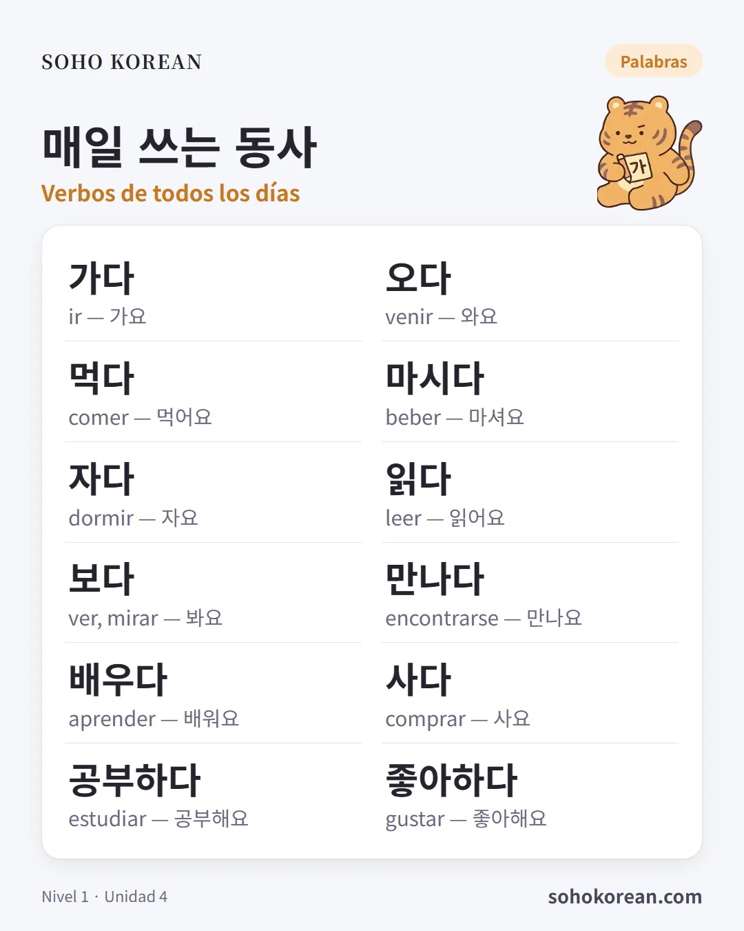 Tarjeta de frases «매일 쓰는 동사»: 가다 …