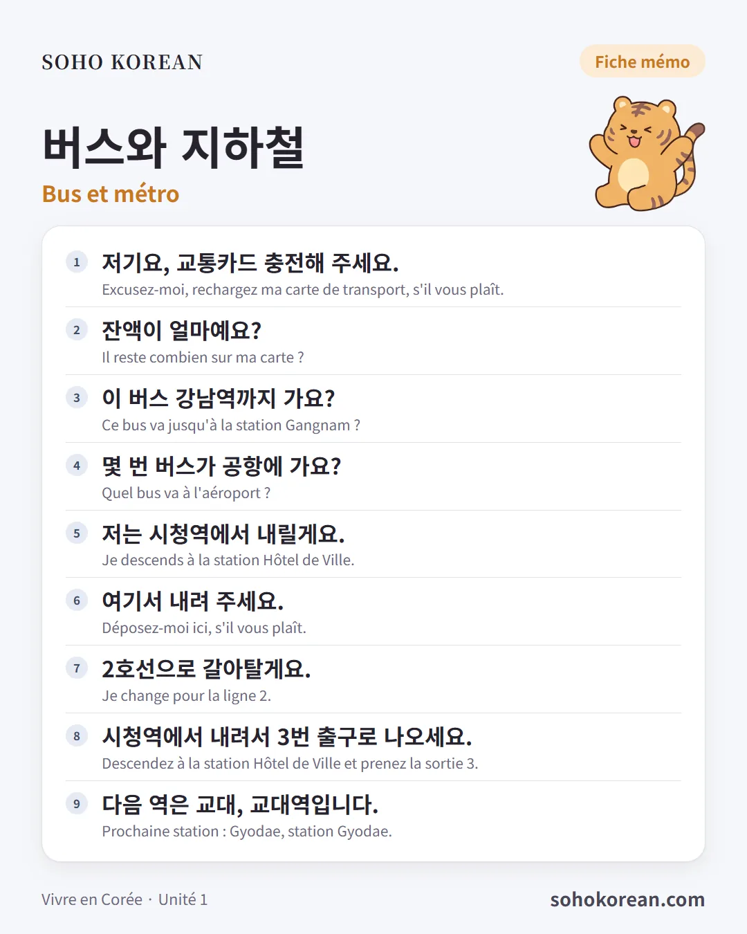 Fiche d’expressions « 버스와 지하철 » : 저기요, 교통카드 충전해 주세요. …