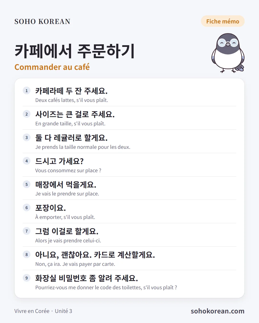 Fiche d’expressions « 카페에서 주문하기 » : 카페라떼 두 잔 주세요. …