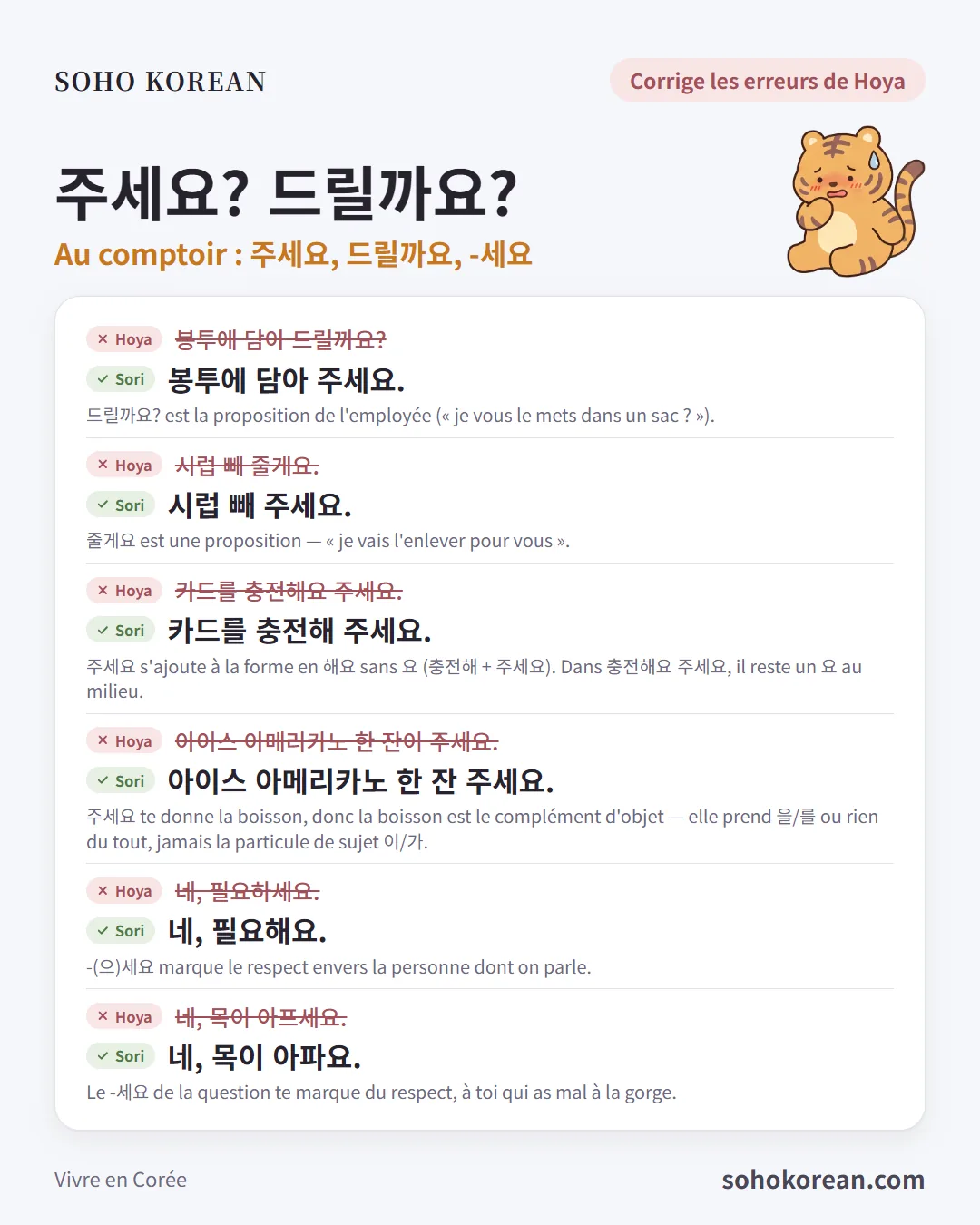 Fiche d’expressions « 주세요? 드릴까요? » : 봉투에 담아 주세요. …