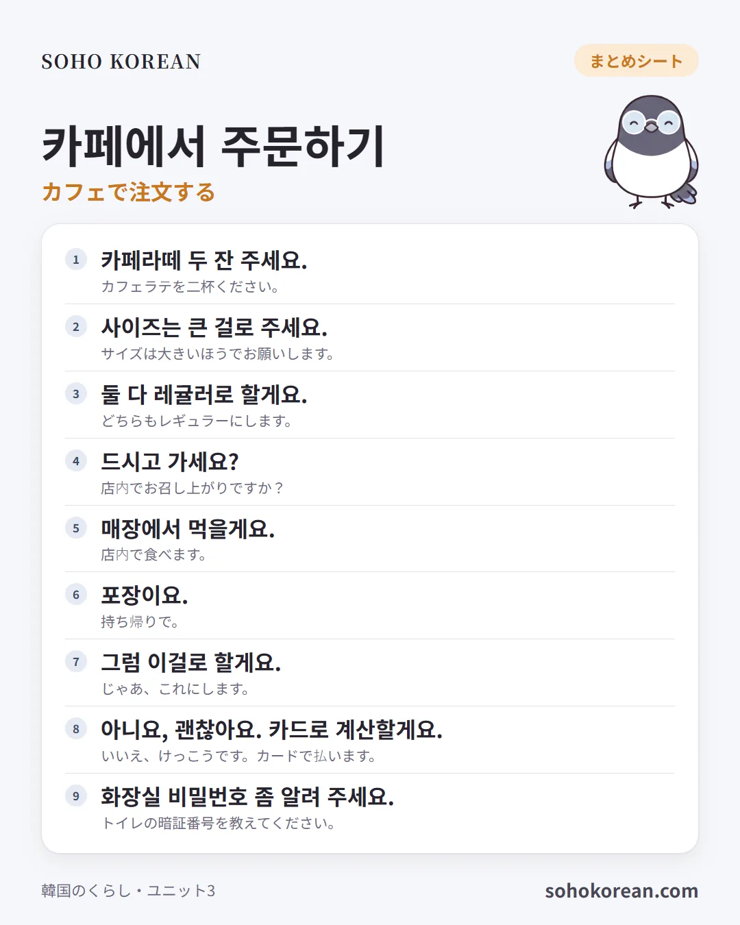 フレーズカード「카페에서 주문하기」：카페라떼 두 잔 주세요. …
