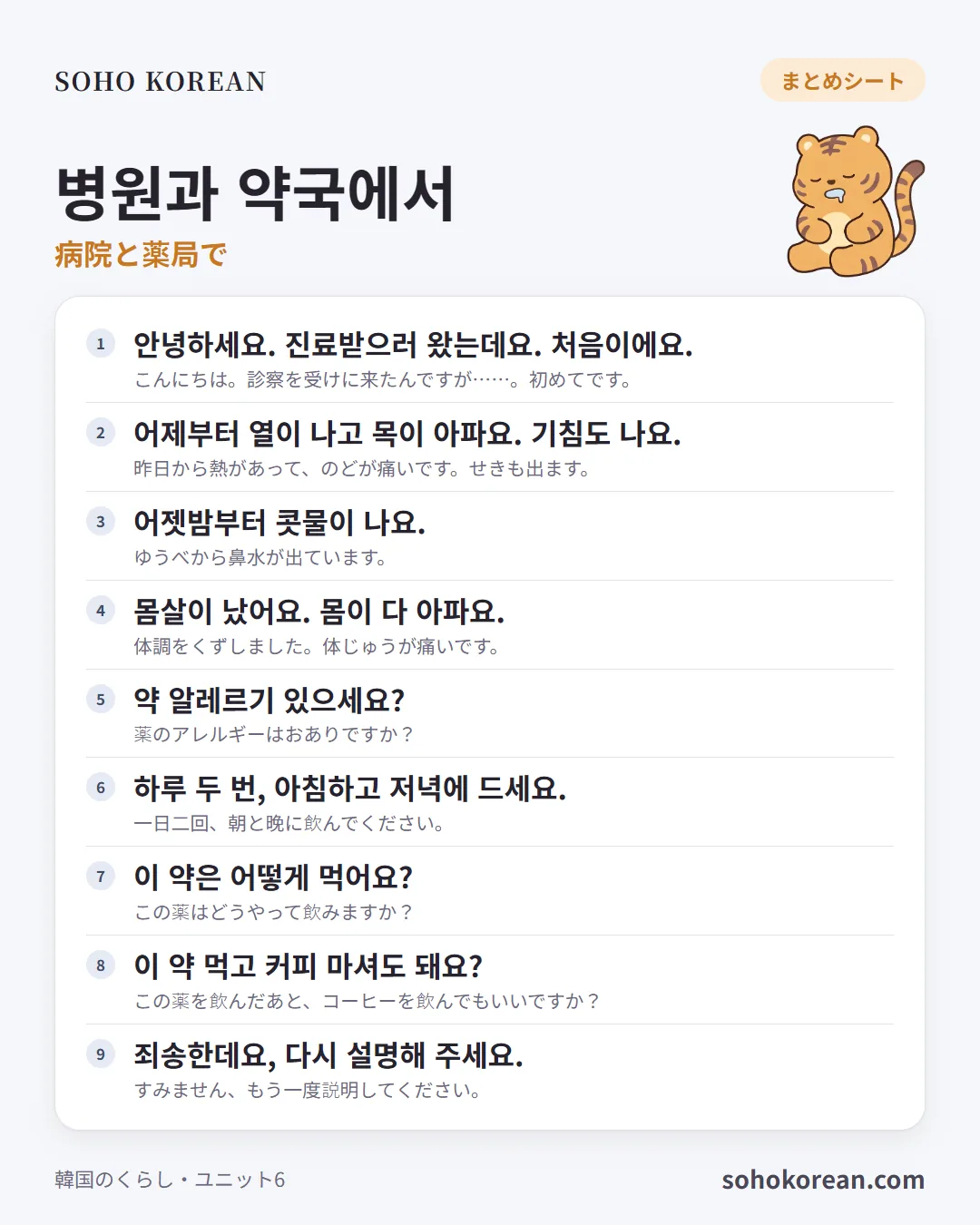 フレーズカード「병원과 약국에서」：안녕하세요. 진료받으러 왔는데요. 처음이에요. …
