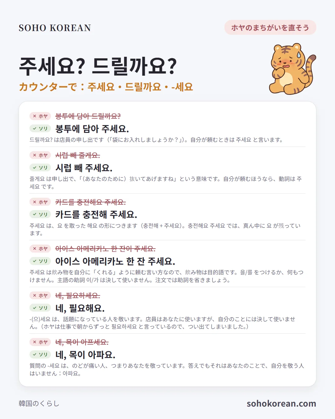フレーズカード「주세요? 드릴까요?」：봉투에 담아 주세요. …
