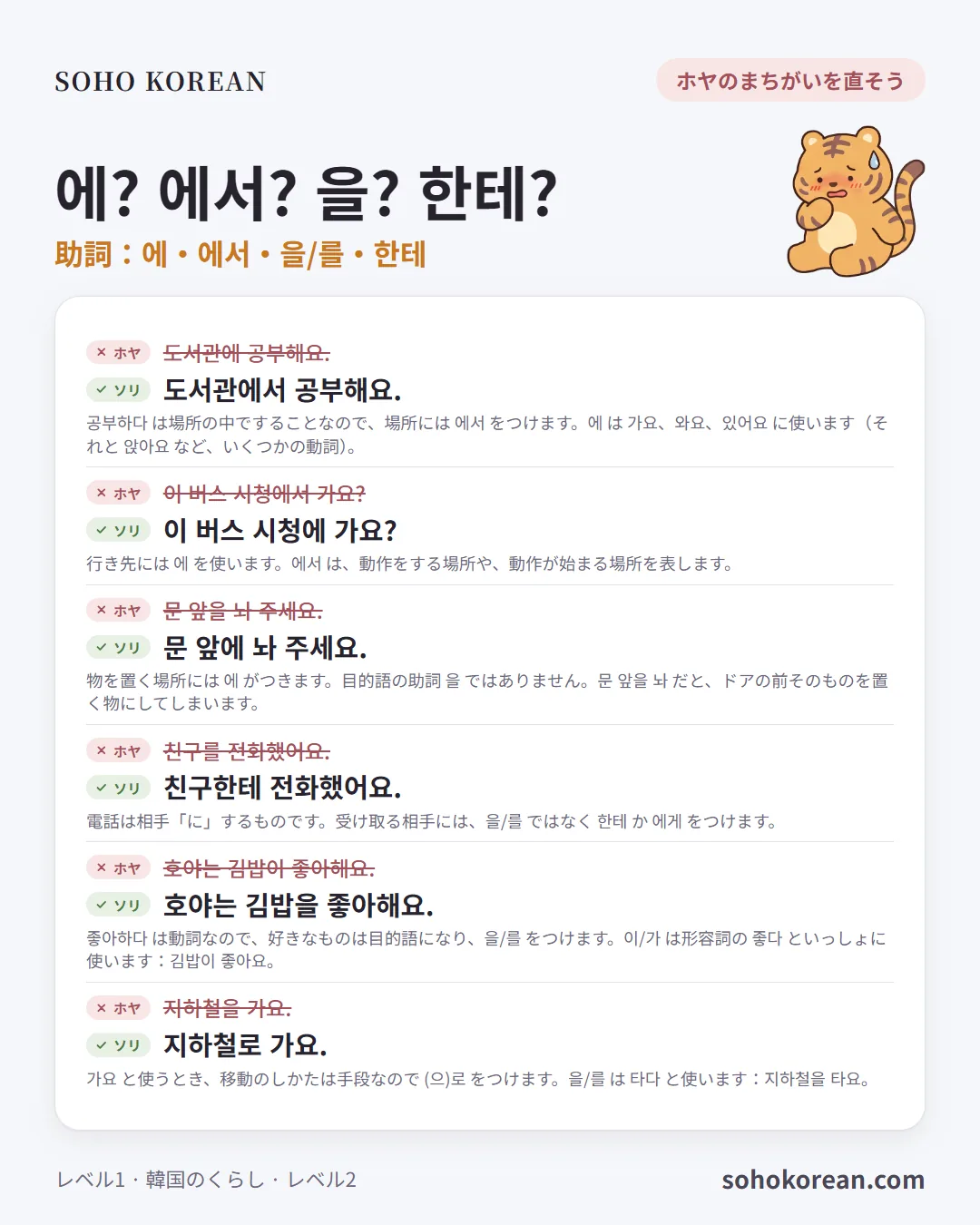 フレーズカード「에? 에서? 을? 한테?」：도서관에서 공부해요. …