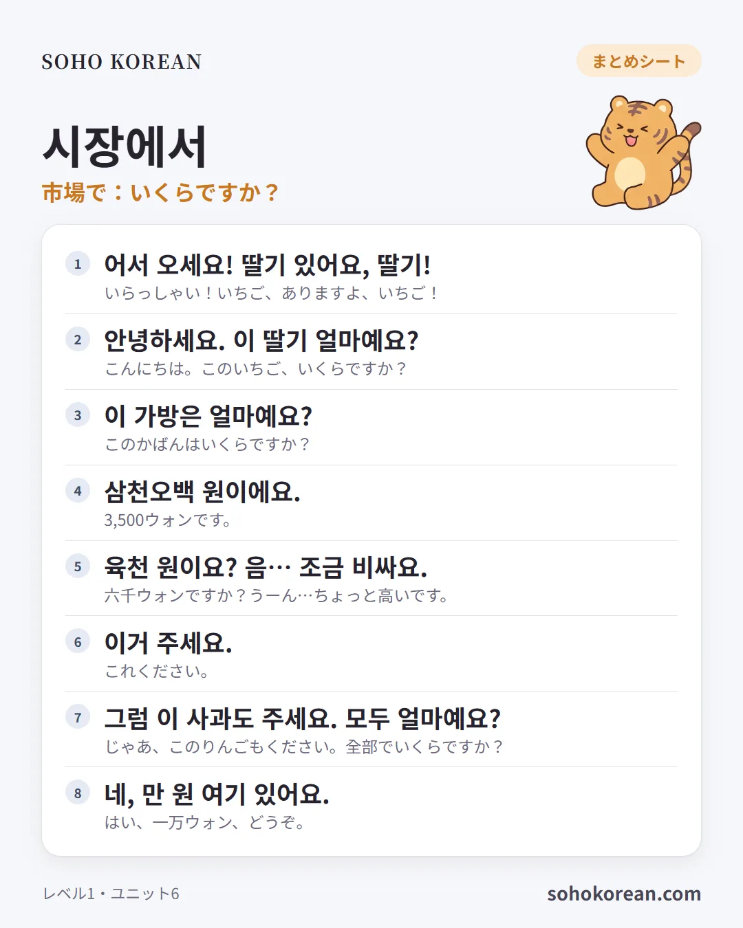 フレーズカード「시장에서」：어서 오세요! 딸기 있어요, 딸기! …