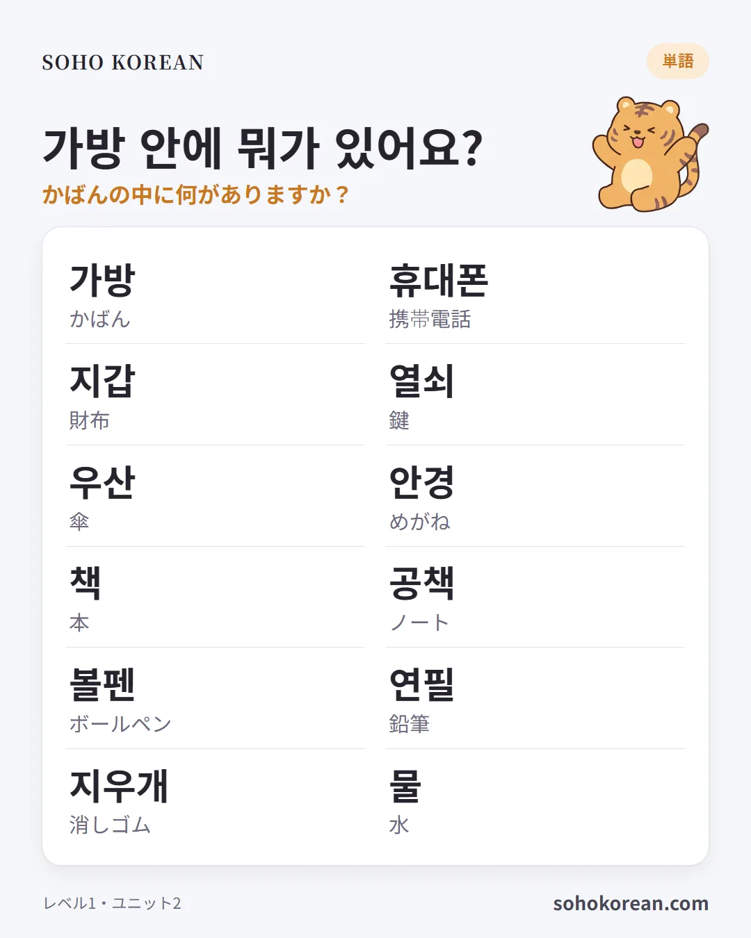 フレーズカード「가방 안에 뭐가 있어요?」：가방 …