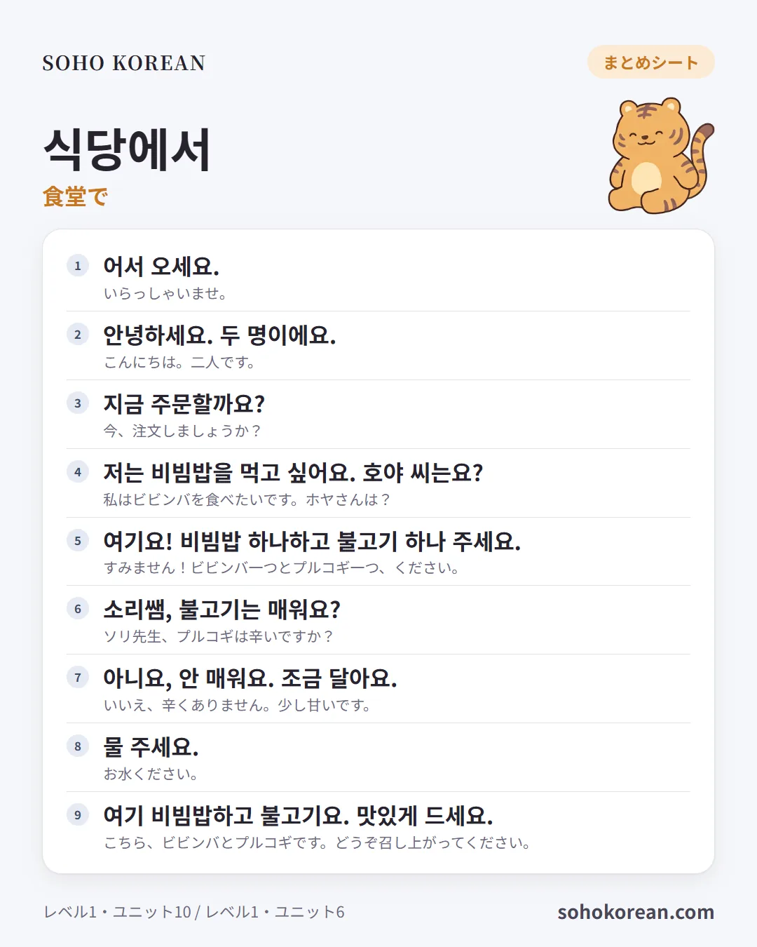 フレーズカード「식당에서」：어서 오세요. …