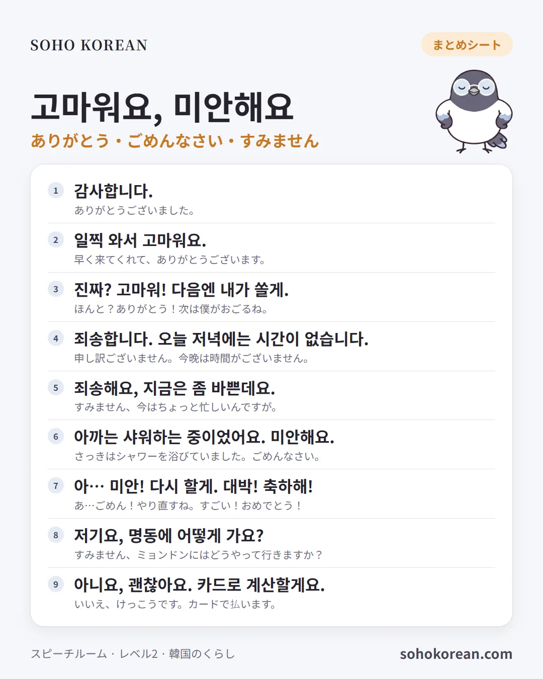 フレーズカード「고마워요, 미안해요」：감사합니다. …