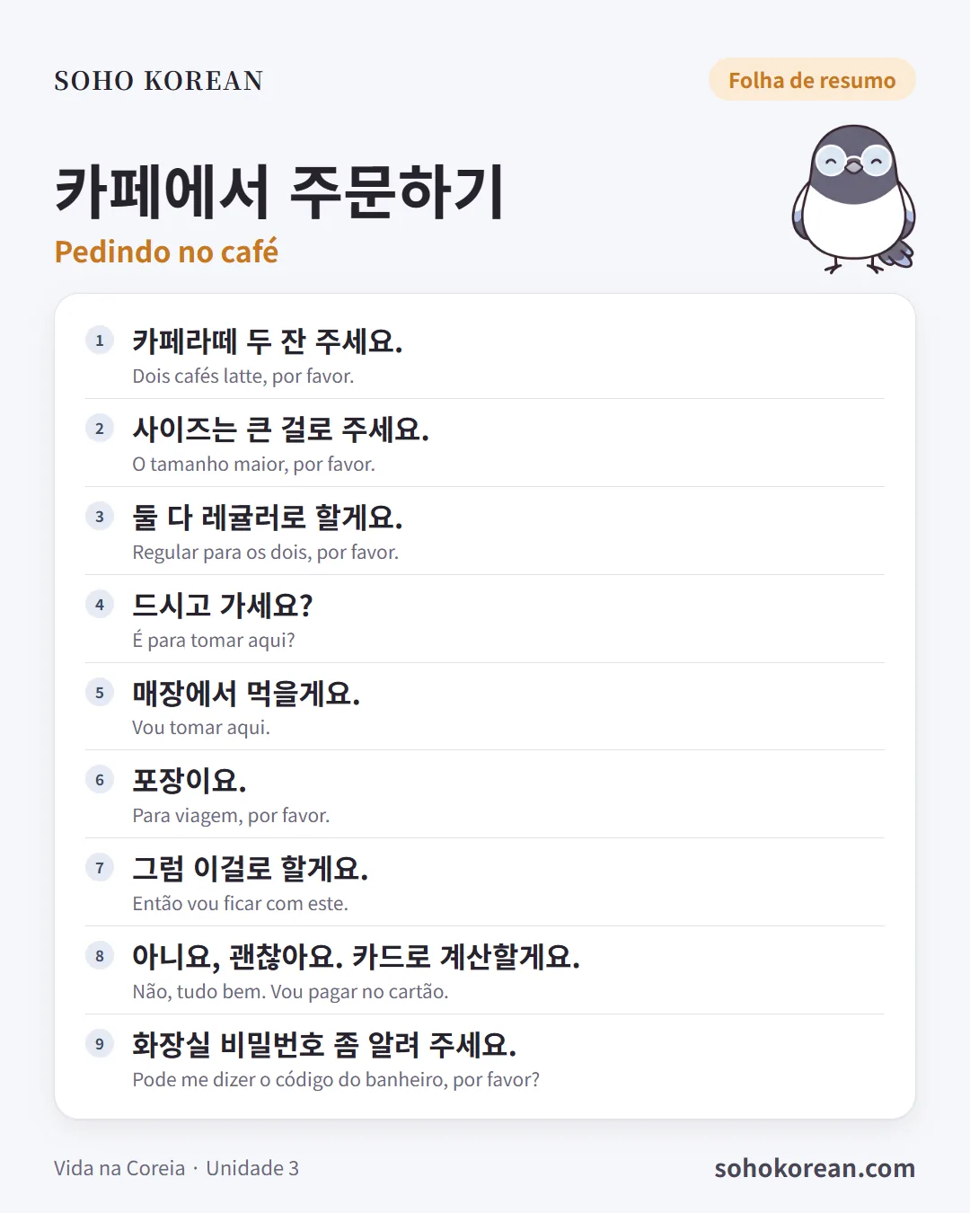 Cartão de frases “카페에서 주문하기”: 카페라떼 두 잔 주세요. …