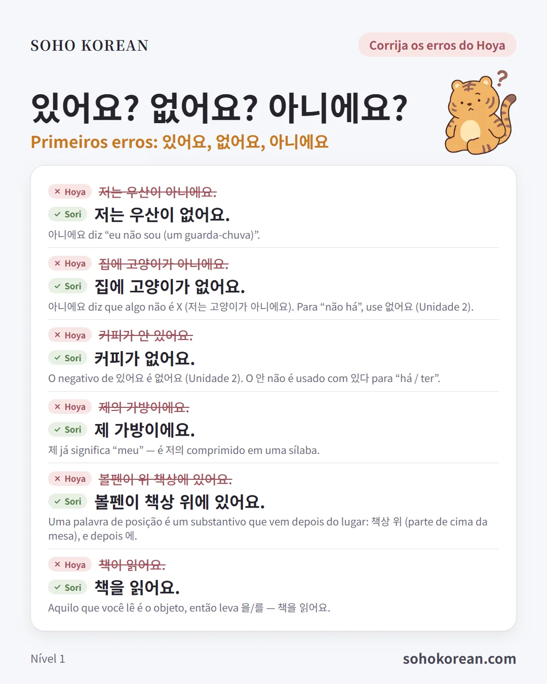 Cartão de frases “있어요? 없어요? 아니에요?”: 저는 우산이 없어요. …