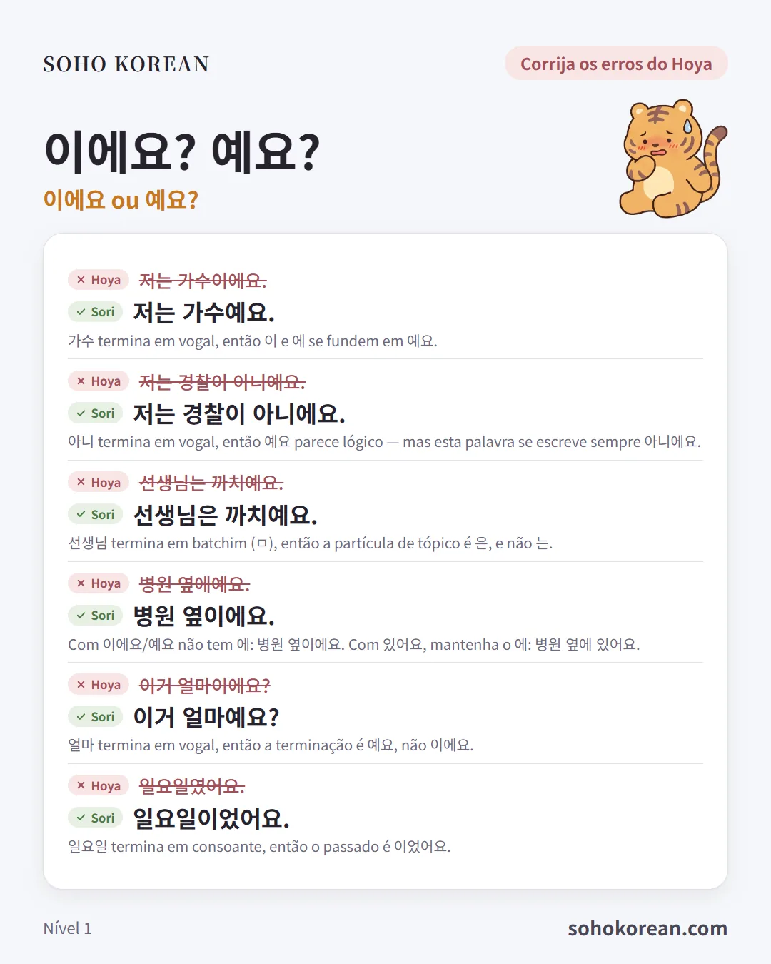 Cartão de frases “이에요? 예요?”: 저는 가수예요. …
