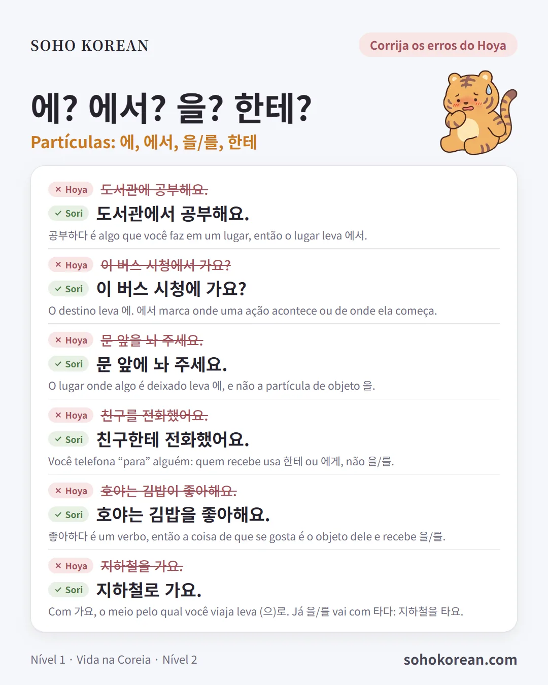 Cartão de frases “에? 에서? 을? 한테?”: 도서관에서 공부해요. …