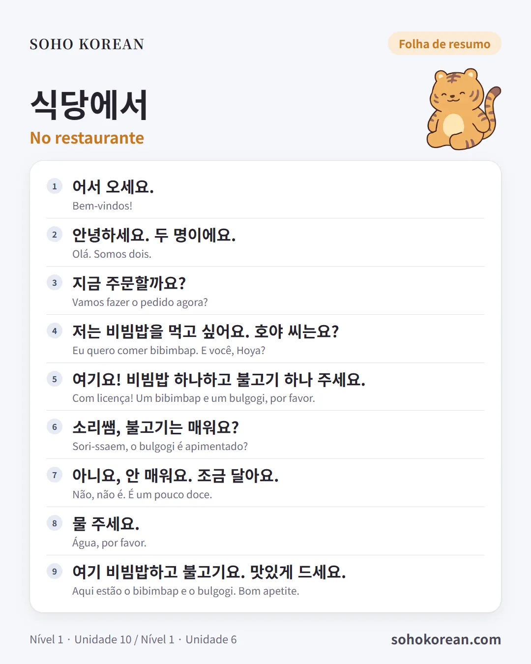 Cartão de frases “식당에서”: 어서 오세요. …