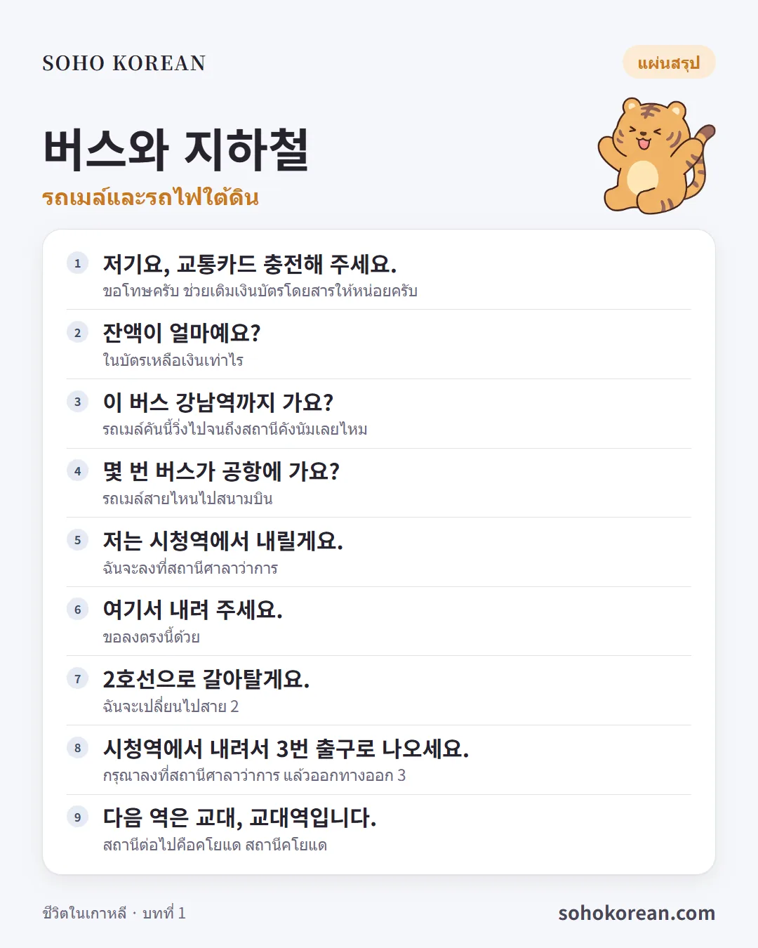 การ์ดประโยค “버스와 지하철”: 저기요, 교통카드 충전해 주세요. …
