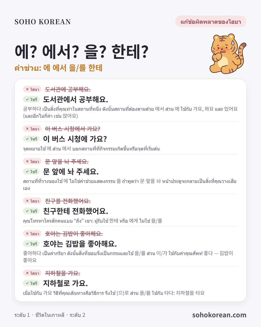 การ์ดประโยค “에? 에서? 을? 한테?”: 도서관에서 공부해요. …