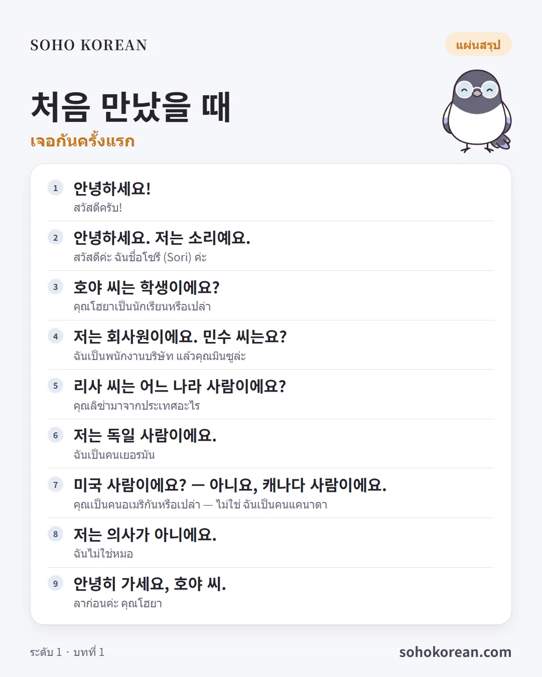 การ์ดประโยค “처음 만났을 때”: 안녕하세요! …