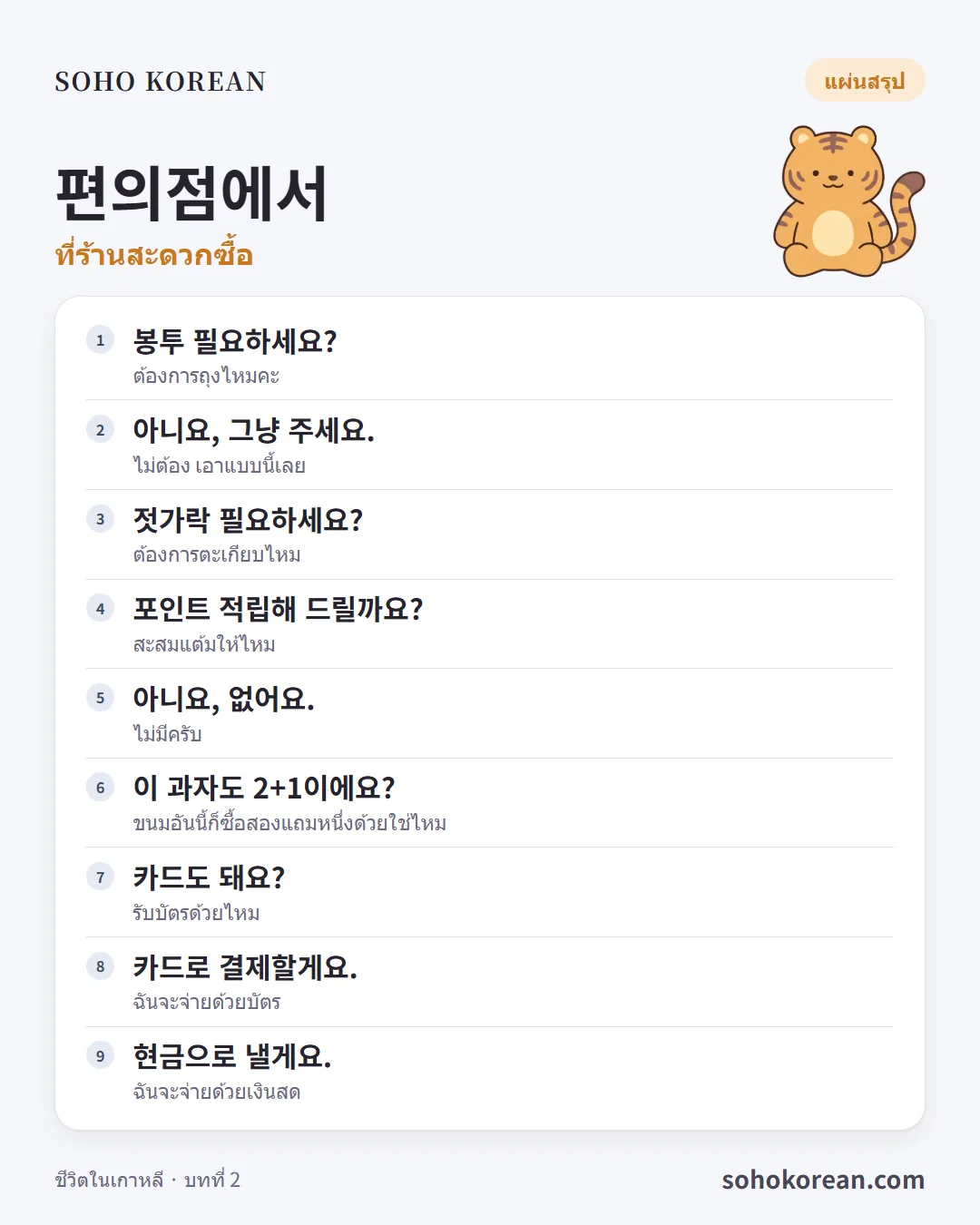 การ์ดประโยค “편의점에서”: 봉투 필요하세요? …