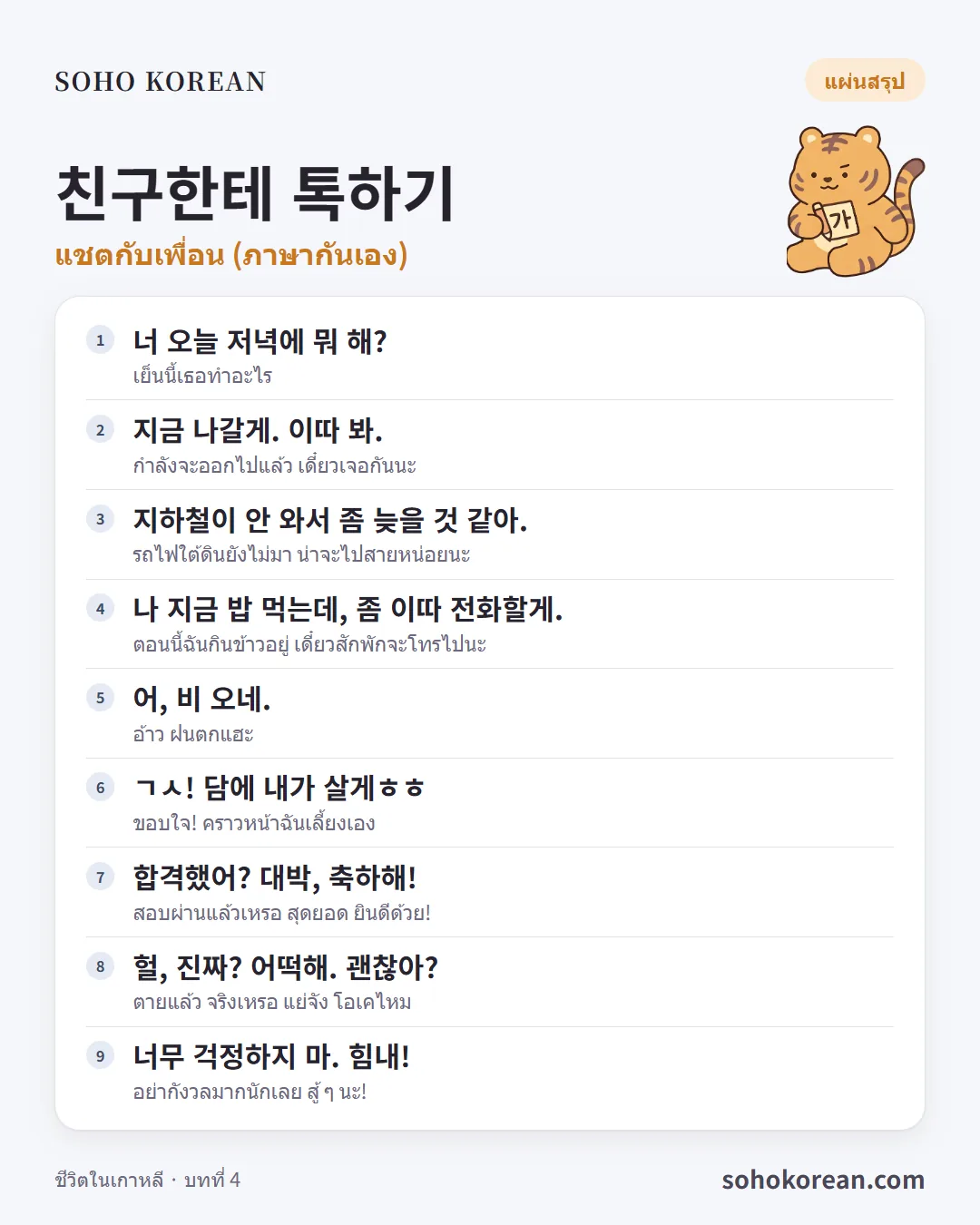 การ์ดประโยค “친구한테 톡하기”: 너 오늘 저녁에 뭐 해? …