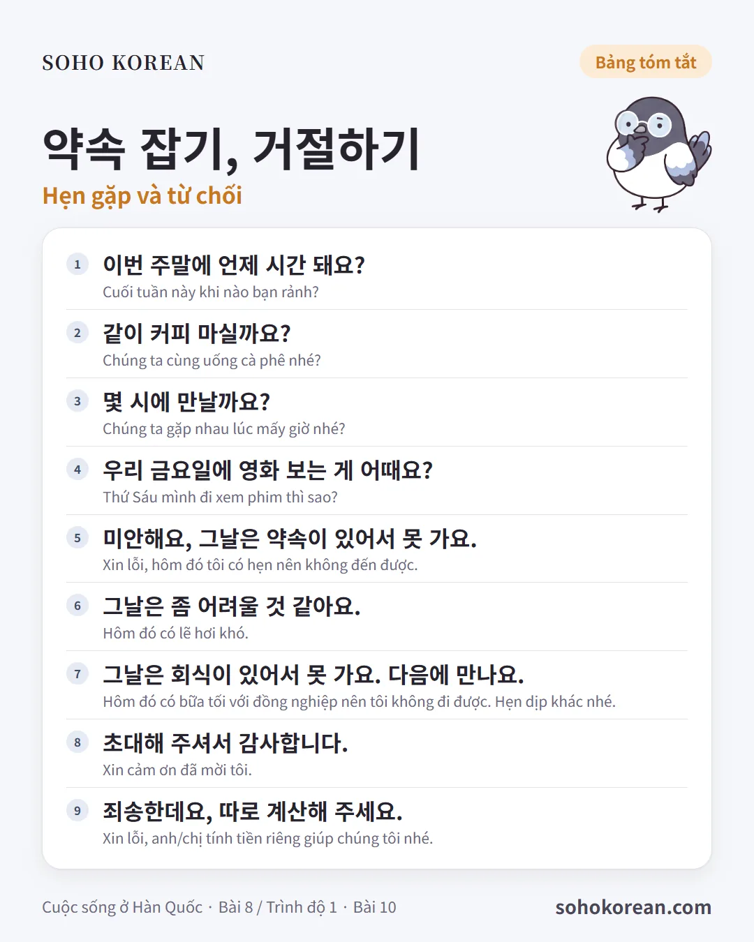 Thẻ mẫu câu “약속 잡기, 거절하기”: 이번 주말에 언제 시간 돼요? …