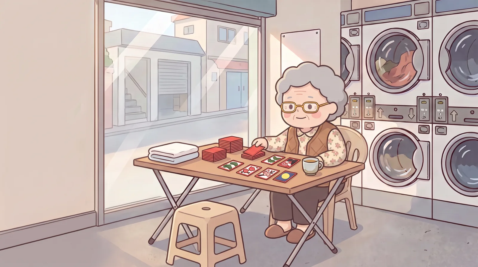 Grandma Soonja at the laundromat’s folding table with hwatu cards laid out and an empty stool across from her.