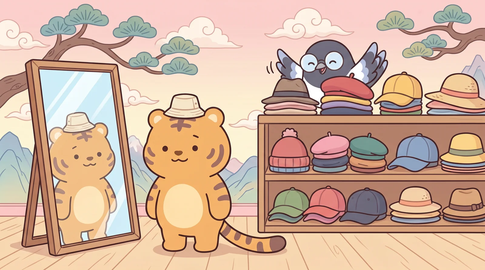 Hoya tries to buy a hat. Tigers have large heads.