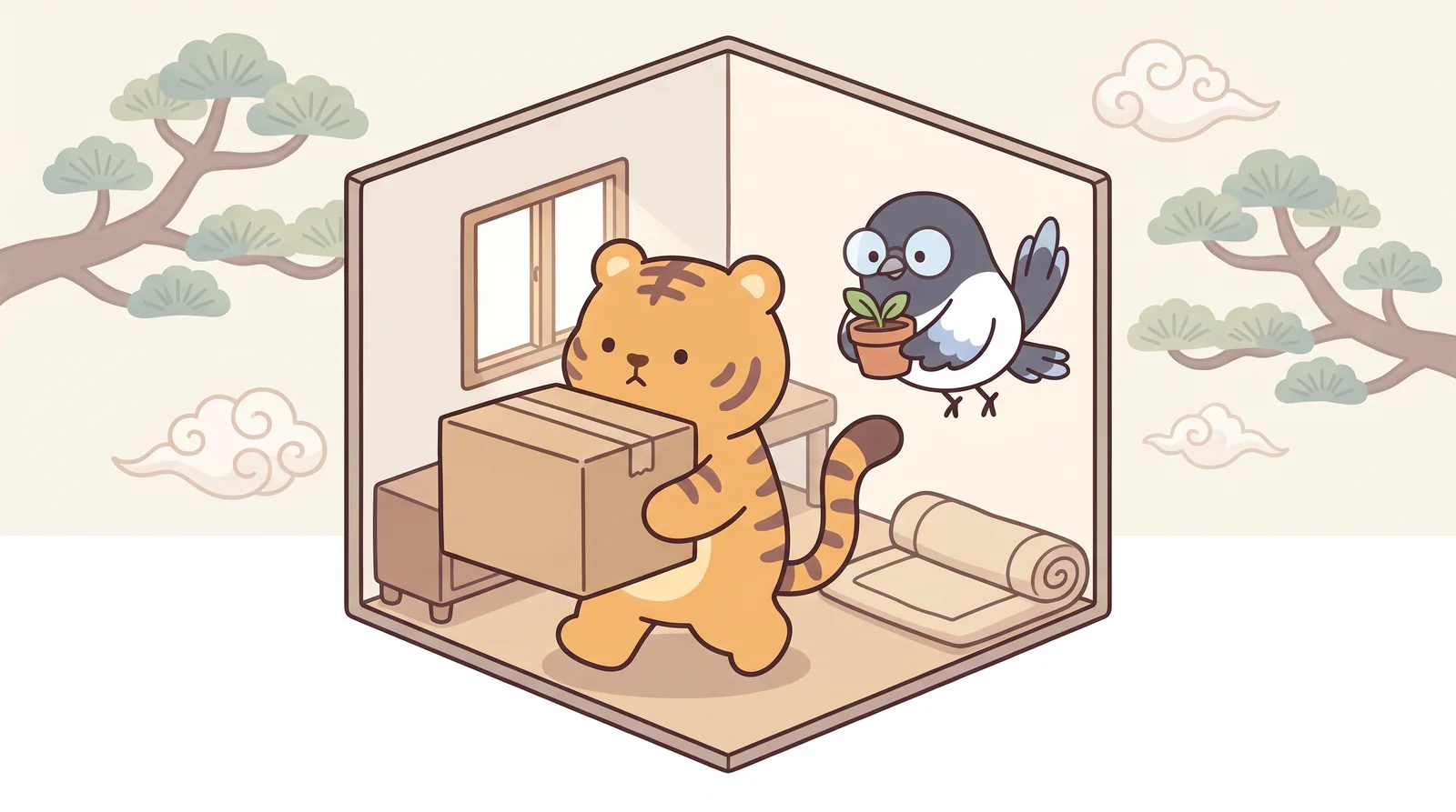 Hoya moves out of the pine tree's shade into a tiny room.