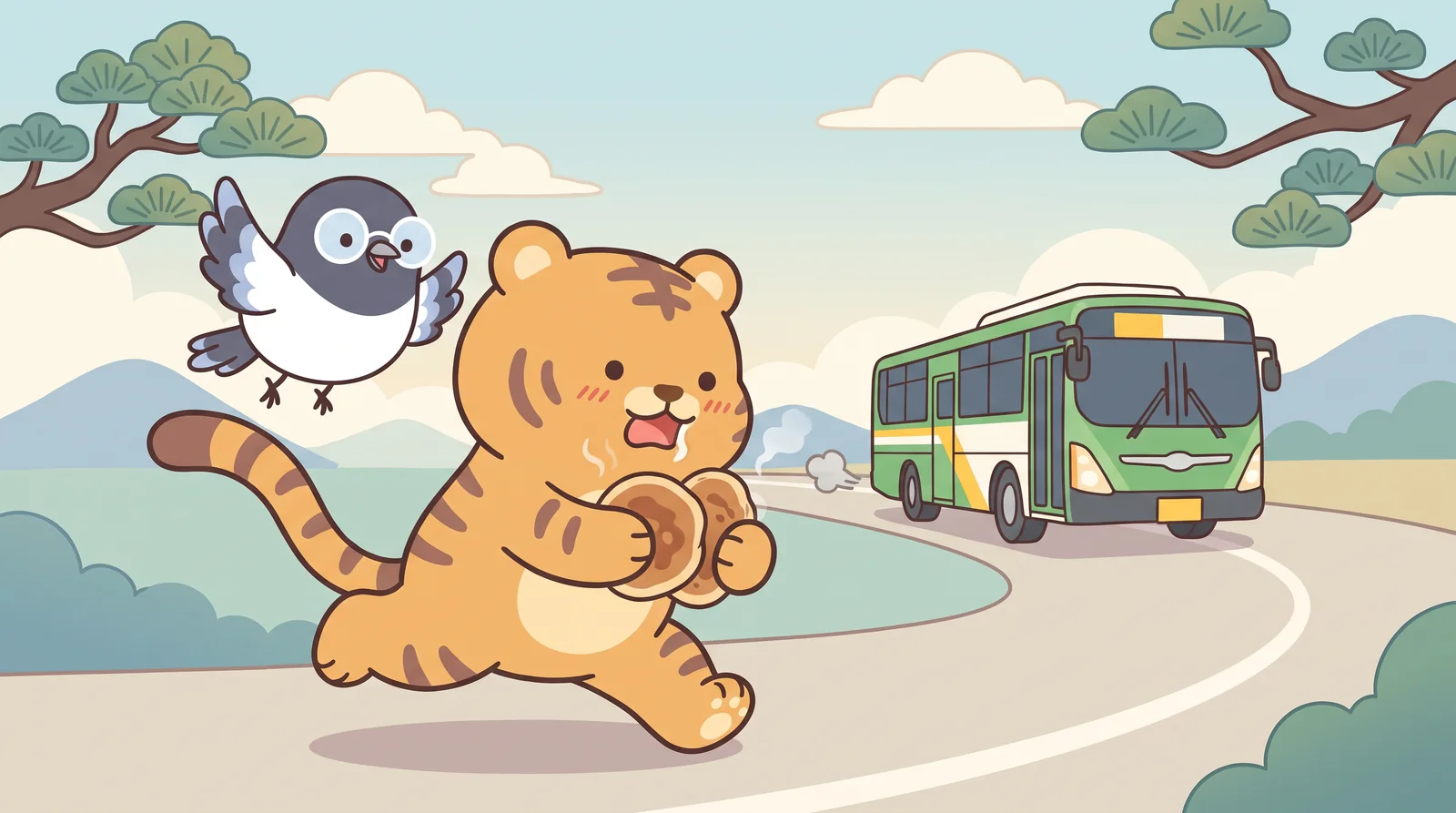 Hoya runs for the bus with 호떡 in his paws.