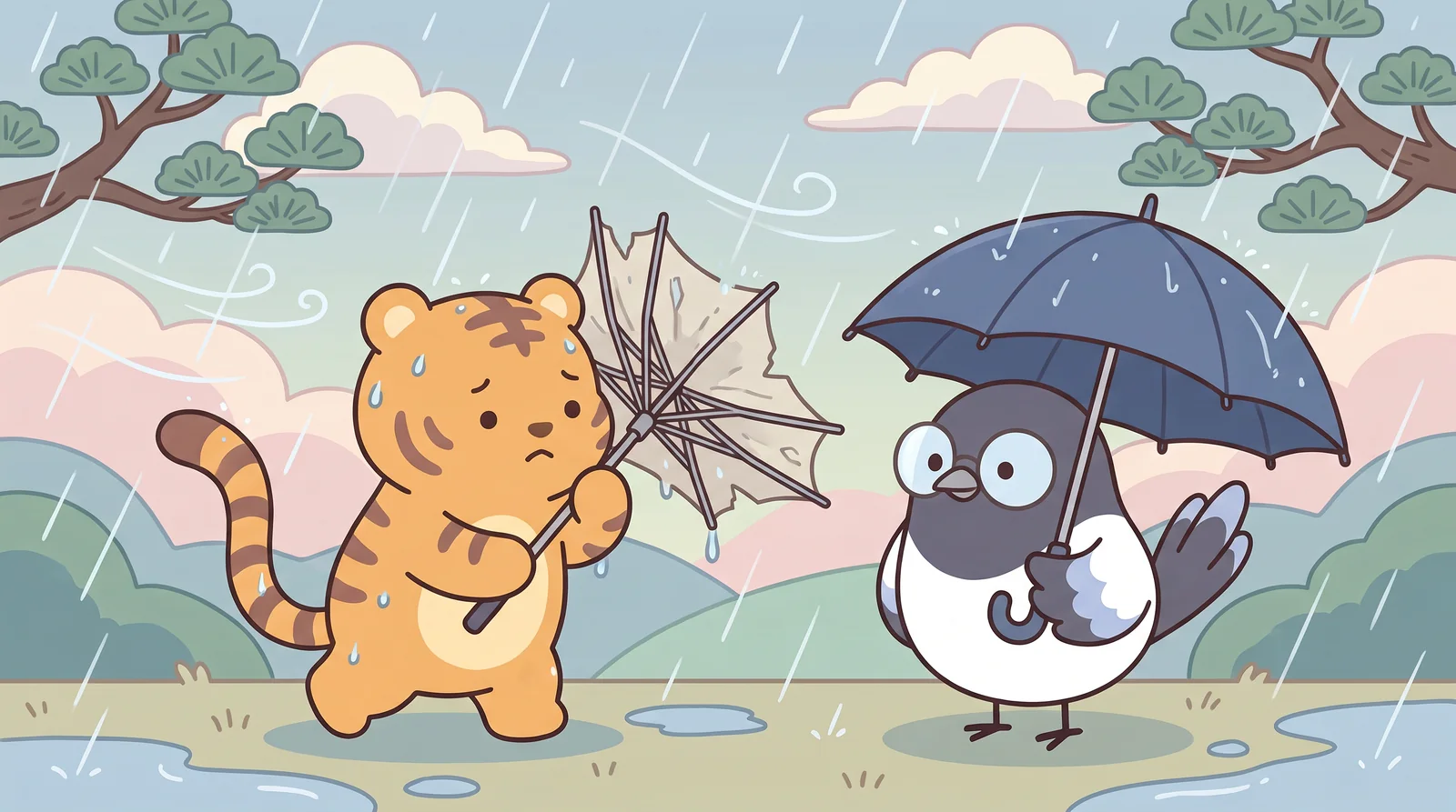 Hoya buys the cheapest umbrella. It rains.