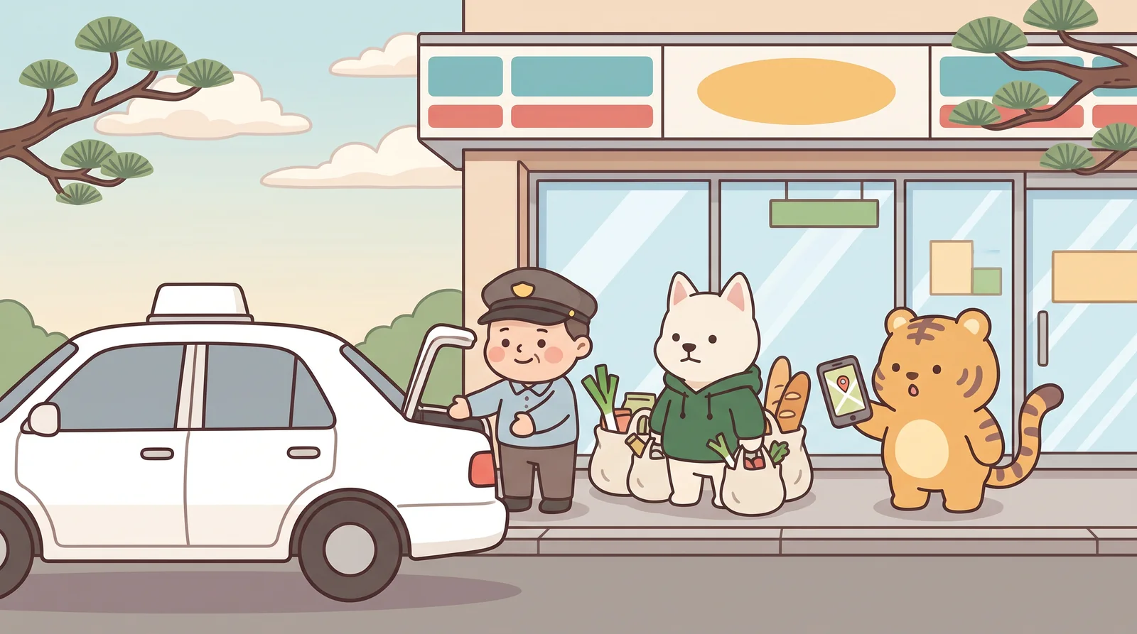 Hoya and Bori have too many shopping bags, so a taxi driver opens the boot for them outside the supermarket.
