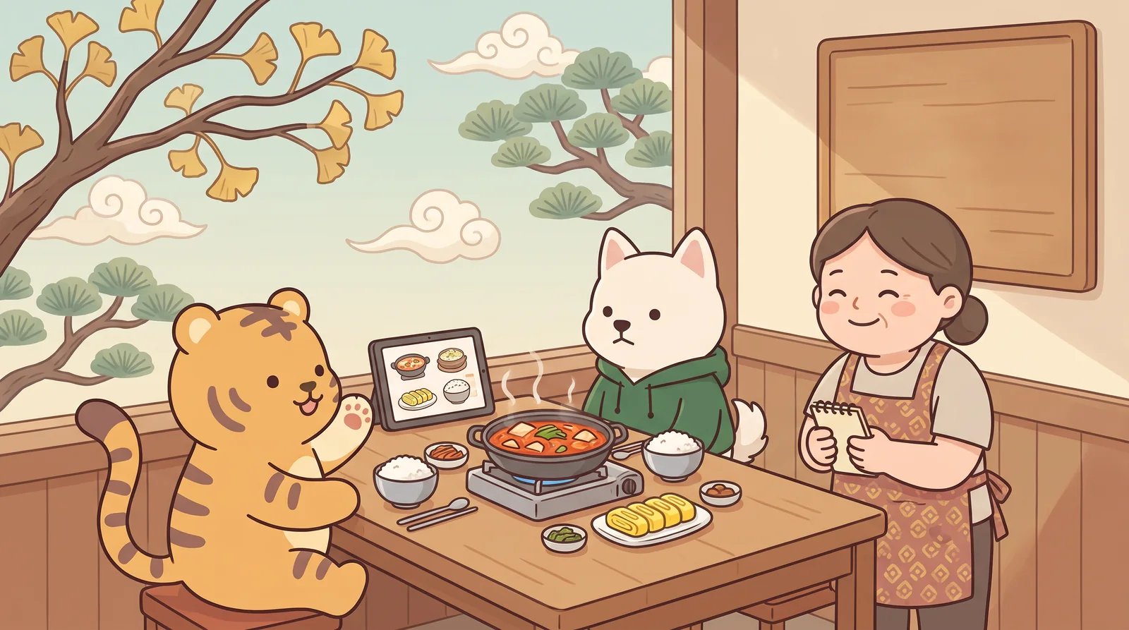 At a neighbourhood restaurant, Hoya and Bori order kimchi stew and ask for it a little less spicy.
