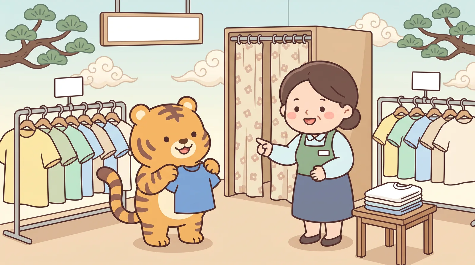In a small clothes shop, Hoya holds up a blue shirt and asks to try it on.