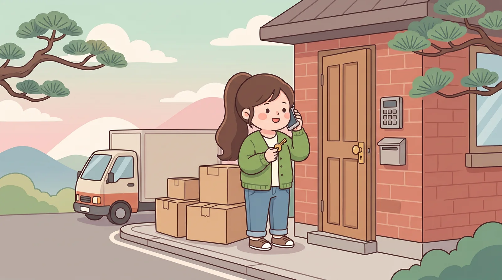 On moving day, a new tenant phones her landlord at the villa door with the key from the post box in her hand.