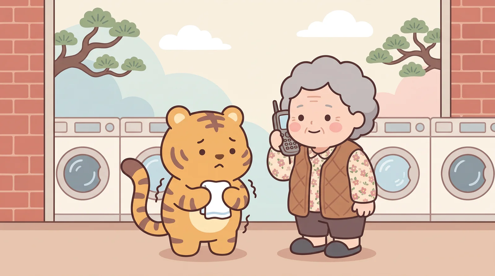 In the laundromat downstairs, Hoya tells Grandma Soonja that only cold water comes out, and she picks up the phone.