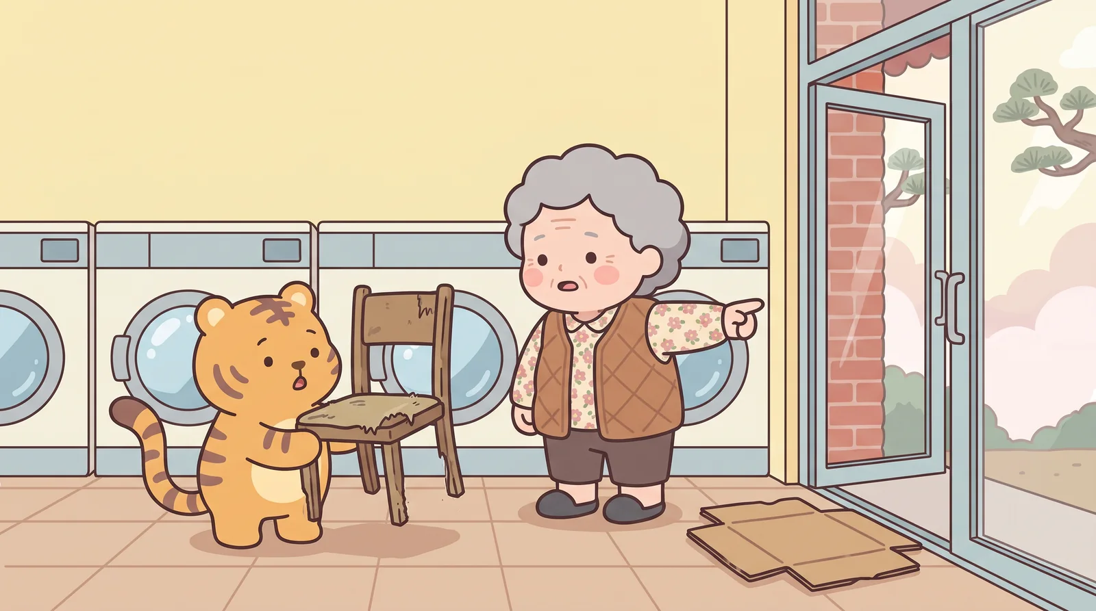 Hoya holds up an old worn-out chair and asks Grandma Soonja where it should go.