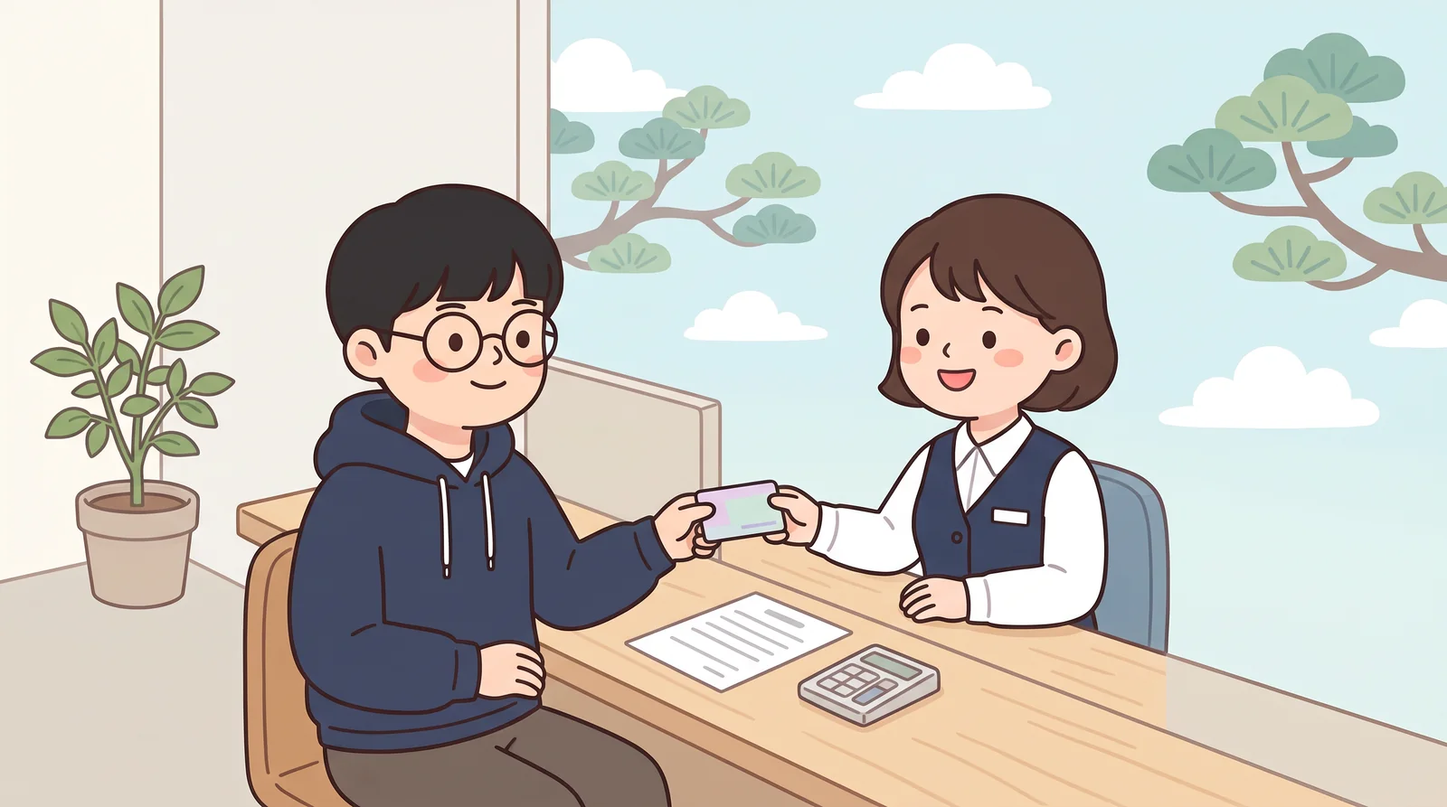 At a bank counter, a young man shows his residence card to open an account and get a debit card.