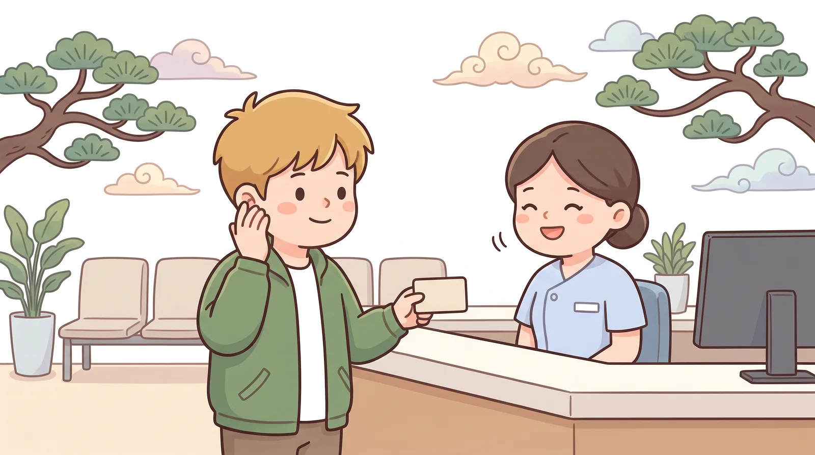 At the hospital reception desk, Daniel shows his residence card for his appointment about a sore ear.