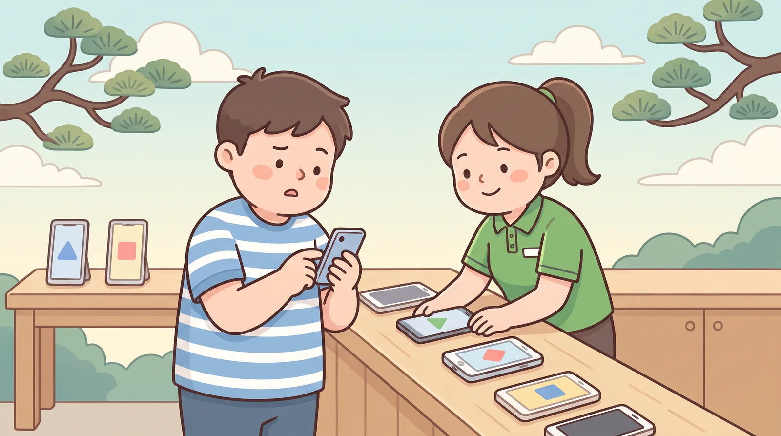 In a phone shop, a young man signs up for a phone plan while the staff member helps with the identity check.