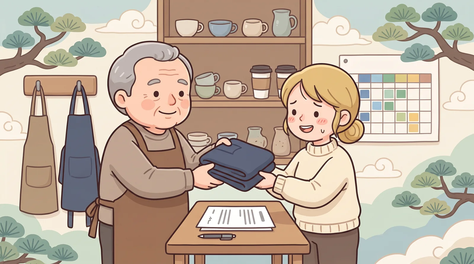 On her first day at a café, Lena gets her apron from the manager, with the work contract waiting on the table.