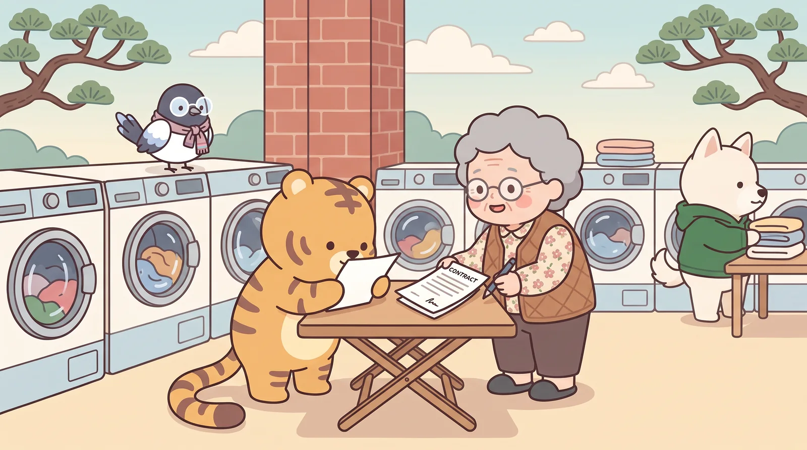Renewing the lease in the laundromat downstairs. Grandma hands Hoya the contract; Sori came in with one scarf.
