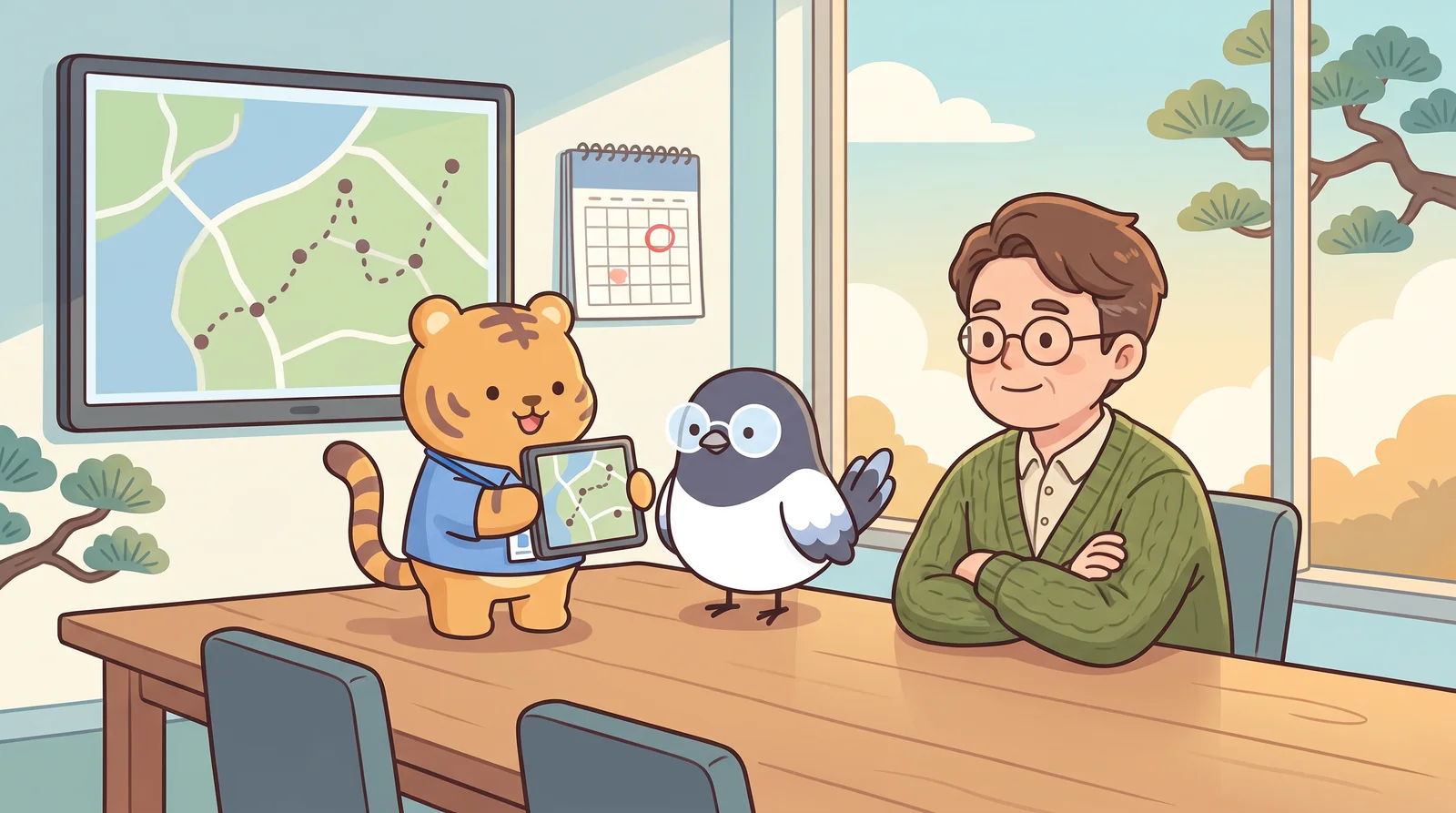The quarterly meeting at Hoya's travel agency — his five-day tour plan for twenty students.