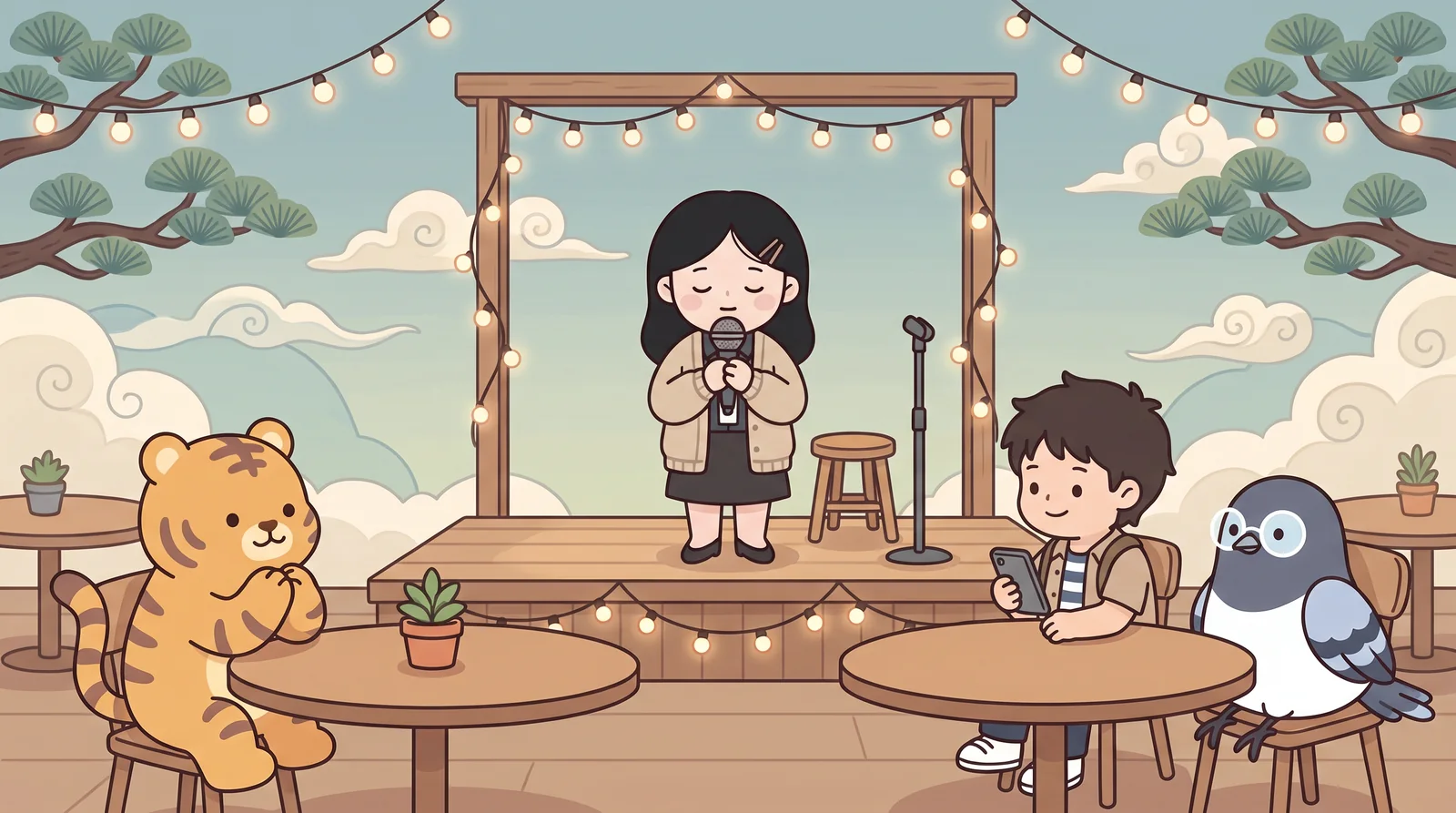 Open-mic night at the café. Sujin is about to sing a song she wrote herself.